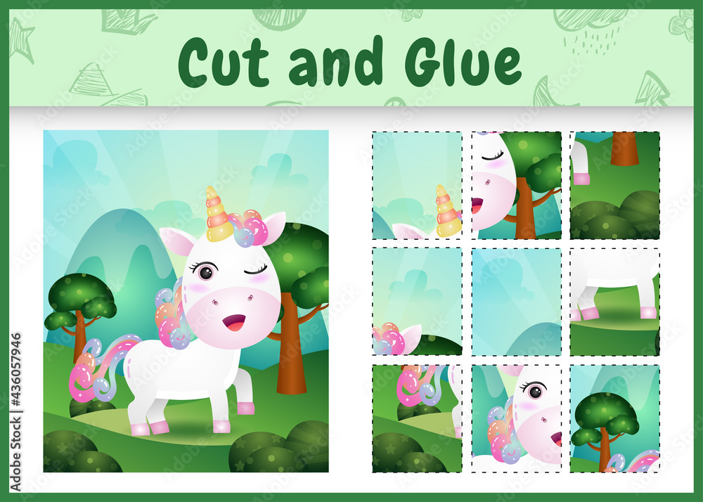 Children board game cut and glue with a cute unicorn Children board game cut and glue with a cute unicorn