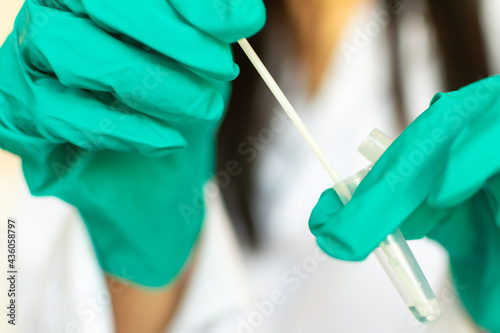 Close-up of a female medical worker wearing green surgical gloves placing a sample of a nasopharyngeal drape in contact with the reagent before it is placed in the covid-19 antigen diagnostic