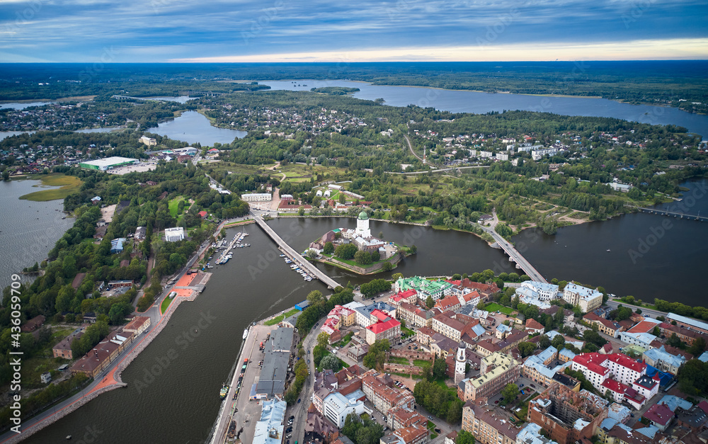 High angle aerial view of old castle on island. Vyborg, Russia
