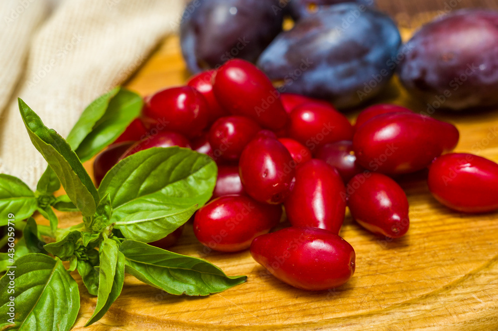 Still life - fresh large dogwood berries, purple plums and a sprig of basil on a wooden board Still life - fresh large dogwood berries, purple plums and a sprig of basil on a wooden board