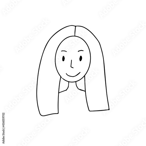 Doodle vector hand drawn happy smiling girl. Positive, cheerful, flat person avatar, teenage age, mental health. Printable and digital use design element.