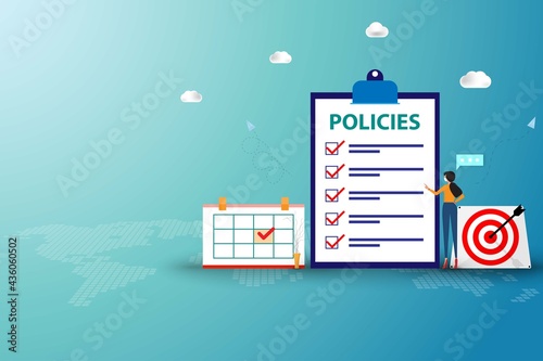 Concept of company policy, young woman wear a face mask and read the list of policies to understand in green color background.