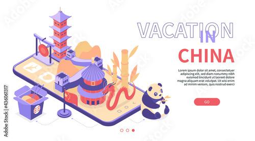 Vacation in China - modern colorful isometric web banner