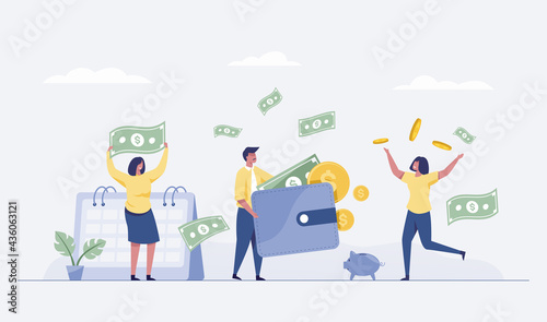 Illustration of happy business team celebrates success standing hold money. Vector illustration