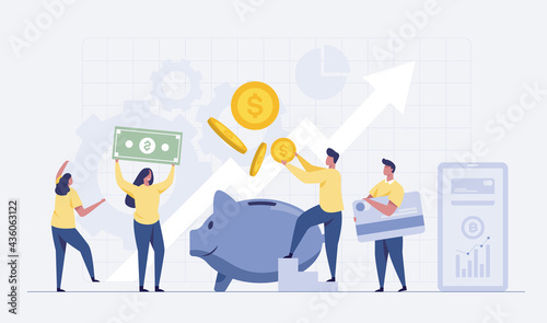 Saving money financial concept. Cartoon people inserting cash into piggy bank, getting and investing income. Vector illustration for fund, investment, deposit topics
