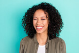 Portrait of attractive dreamy overjoyed cheerful wavy-haired girl laughing joke isolated over bright blue color background