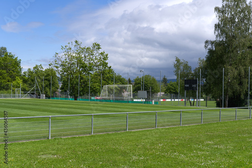 Fresh mowed football field at springtime. Photo taken May 27th, 2021, Zurich, Switzerland.