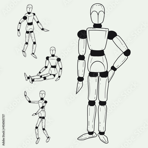 set of vector illustrations of wooden mannequins for artist work