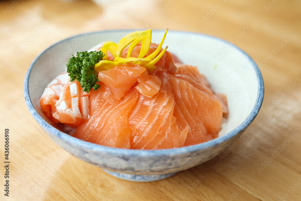 Japanese rice with fresh salmon slice sashimi Japanese rice with fresh salmon slice sashimi