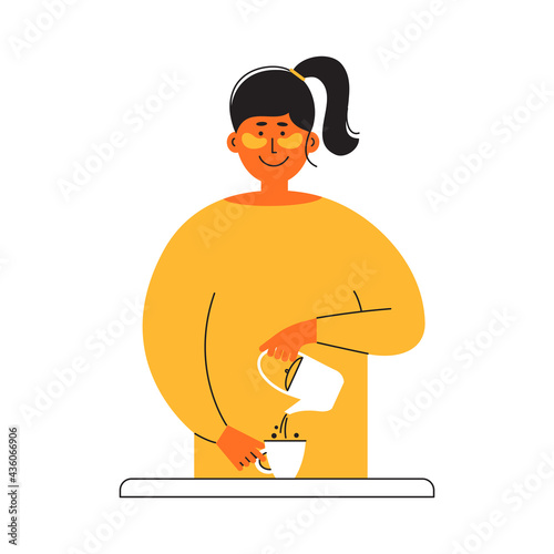 Happy girl pours coffee from brewing teapot into cup. Morning routine. Young woman in yellow dress and eye patches on face drinking tea. Self care, slow life, mother time. Relax vector illustration