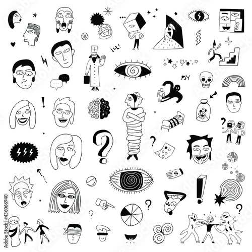 
psycho, crazy people doodle set symbols 
