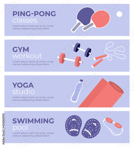 Set of sport activities banners. Yoga studio, gym workout, ping pong classes, swimming pool. Table tennis paddle, jump rope, dumbbells, fitness mat, swim goggles. Physical activity vector illustration