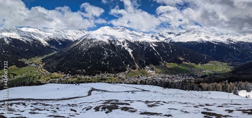 panorama picture from the schatzalp above davos. View of the city of Davos with the snowy mountains in the springtime photo