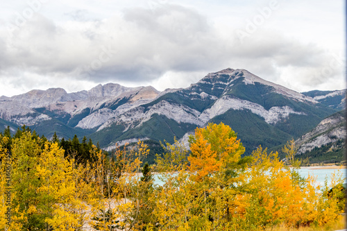 Fall colours at Barrier Dam below Mount Baldy. Bow Valley Wilderness Area, Alberta, Canada