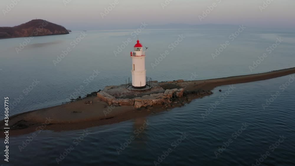 Drone view of the old Tokarevsky lighthouse at dawn Drone view of the old Tokarevsky lighthouse at dawn