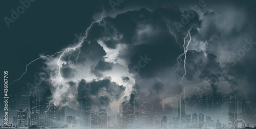 Thunderstorm clouds with lightning storm over city background - lightning storm on dark background
