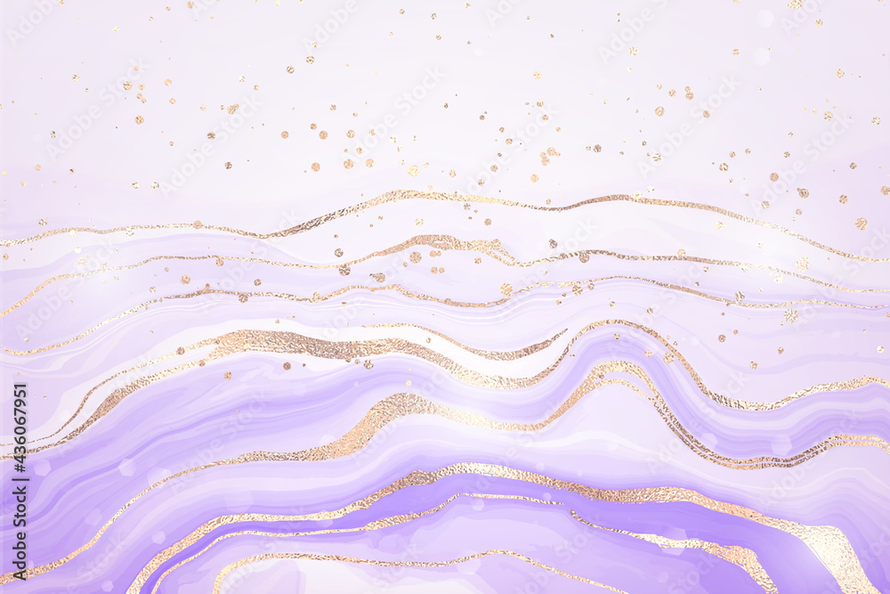 Abstract lavender liquid marbled watercolor background with golden lines and stains. Pastel marble alcohol ink drawing effect with gold metallic. Vector illustration for wedding invitation