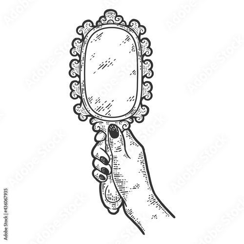 Vintage mirror in a woman hand. Sketch scratch board imitation color.