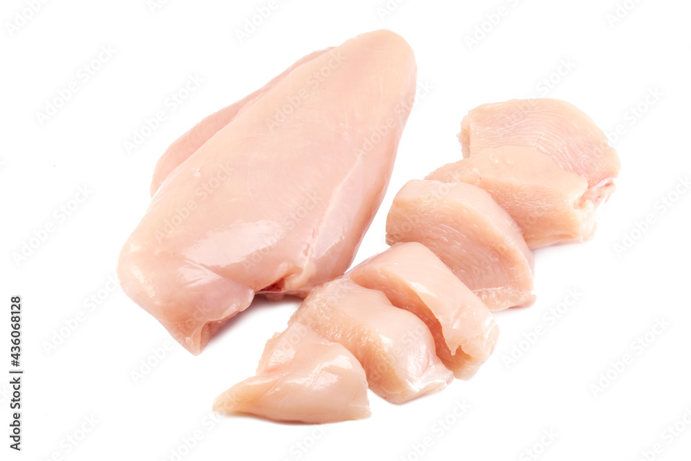 Fresh raw chicken breast fillet whole and sliced isolated closeup on white background, clipping path Fresh raw chicken breast fillet whole and sliced isolated closeup on white background, clipping path