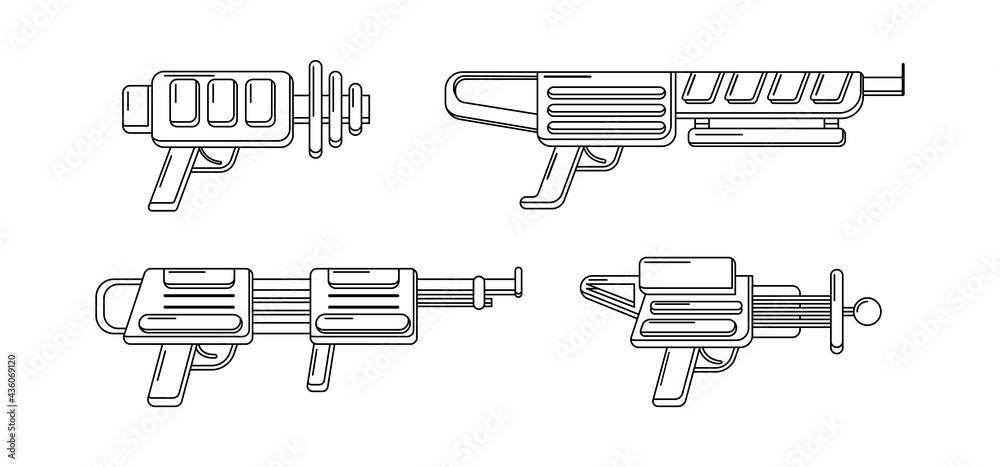 Vector line art blasters collection. Toy gun set coloring page. Futuristic weapon design. Space game gun outline icons on white background Vector line art blasters collection. Toy gun set coloring page. Futuristic weapon design. Space game gun outline icons on white background