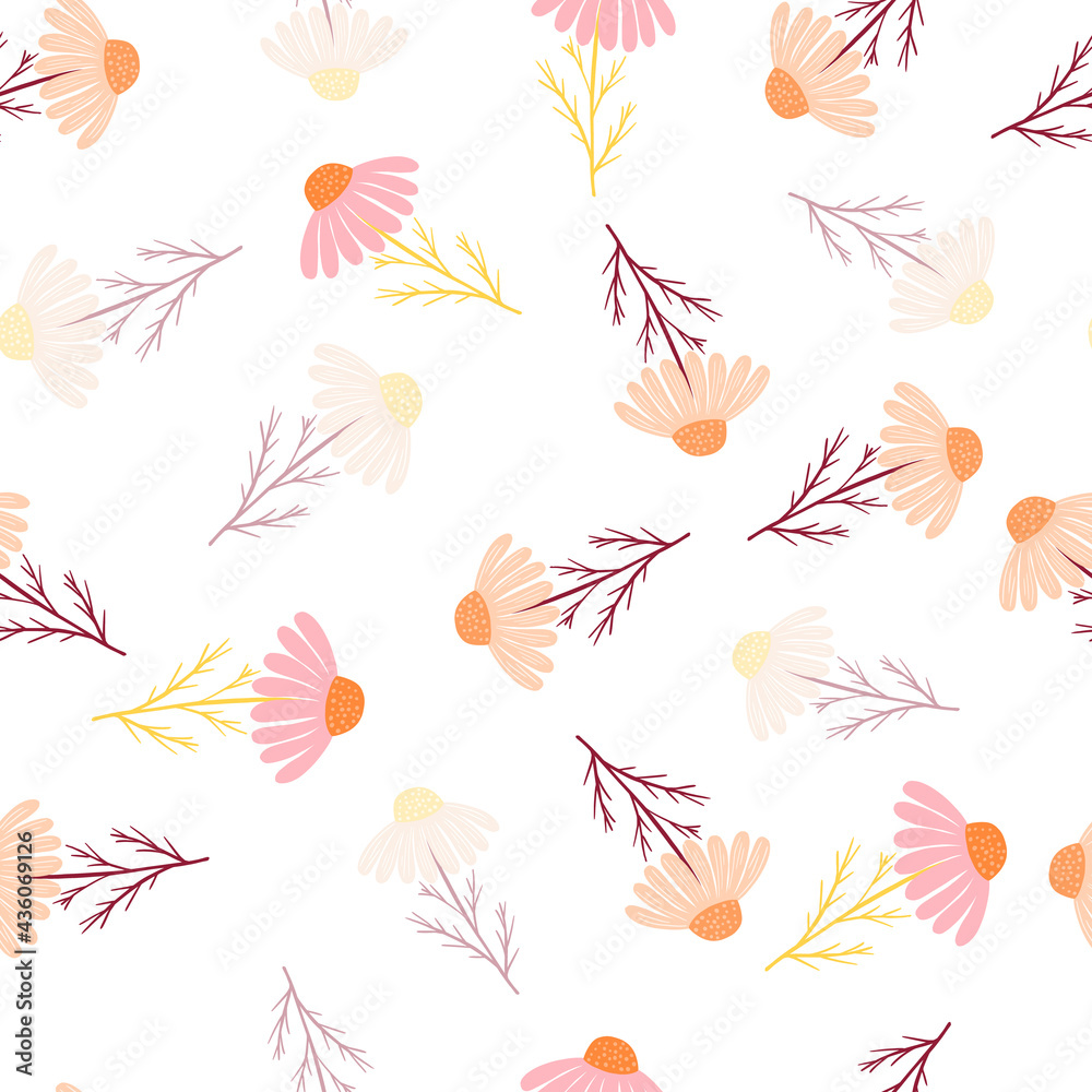 Seamless pattern with botanic camomile doodle flowers. Random pink and orange ornament. Isolated print. Seamless pattern with botanic camomile doodle flowers. Random pink and orange ornament. Isolated print.