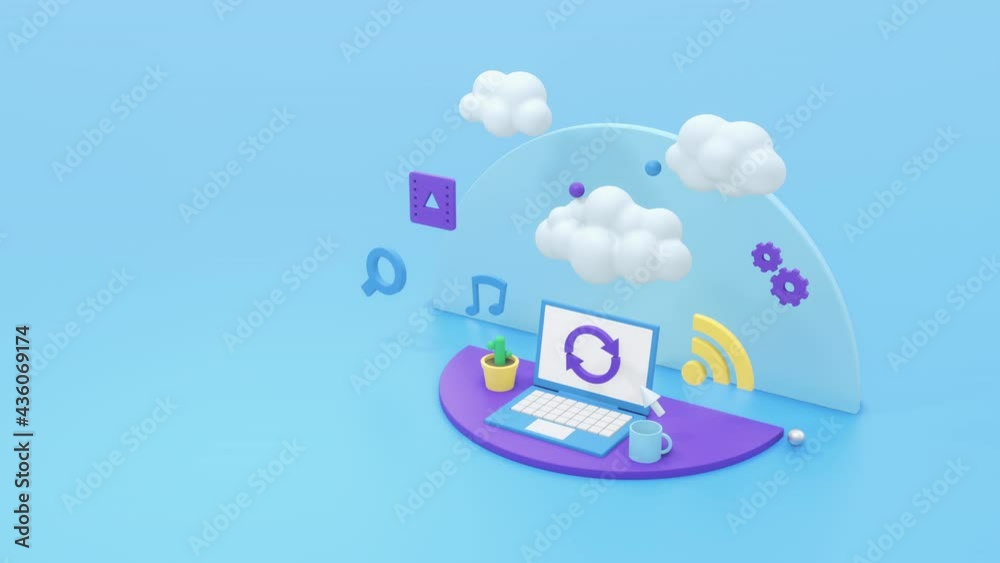laptop computer with a cloud and icons, concept of cloud computing, copy space, seamless loop (3d render) laptop computer with a cloud and icons, concept of cloud computing, copy space, seamless loop (3d render)