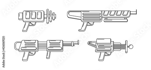 Vector line art blasters collection. Toy gun set coloring page. Futuristic weapon design. Space game gun outline icons on white background