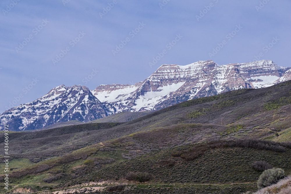 Mount Timpanogos backside view near Deer Creek Reservoir Panoramic Landscape view from Heber, Wasatch Front Rocky Mountains. Utah, United States, USA.