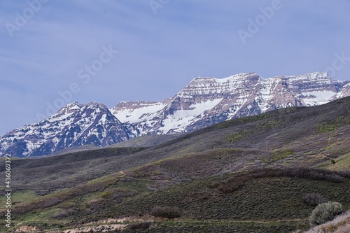 Mount Timpanogos backside view near Deer Creek Reservoir Panoramic Landscape view from Heber, Wasatch Front Rocky Mountains. Utah, United States, USA.