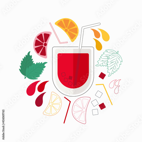 Cocktail ingredients set orange and grapefruit slices, cocktail tube, mint leaves, ice cubes. A glass of red drink. Negroni, cherry or raspberry juice. Vector flat illustration