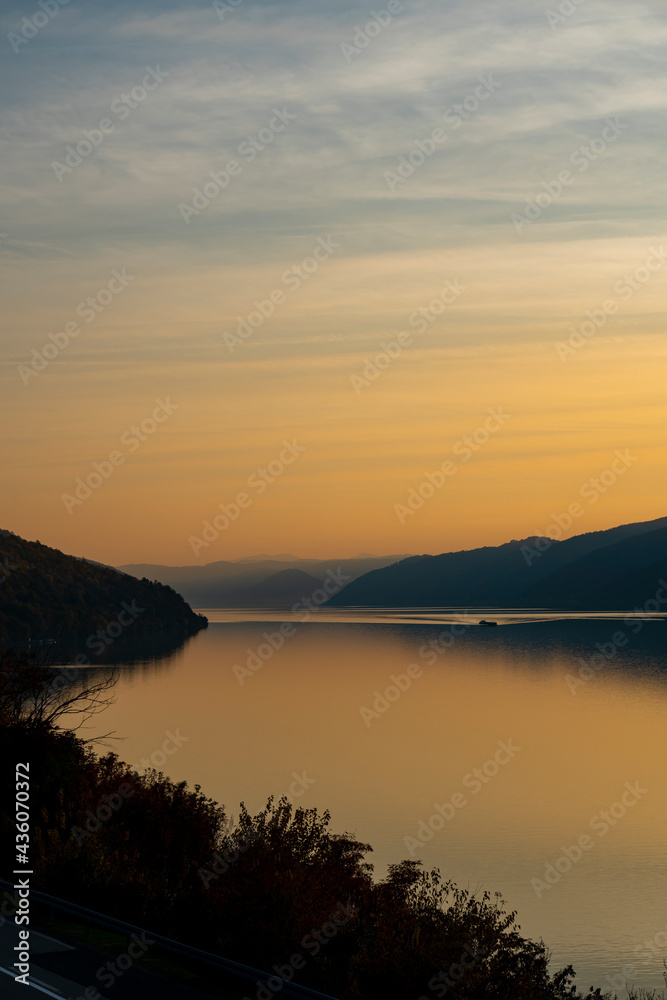 Sunset at Danube gorge in Djerdap on the Serbian-Romanian border