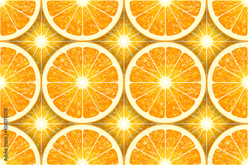 Orange seamless pattern. Fruit ornament. Healthy food. Healthy meal. Slices. Juice. Vitamin. Citrus slices. Freshness. Citrus background. Summer. Tropical template for design. Yellow, orange.