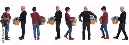  woman and man with the laundry basket in various poses on white background