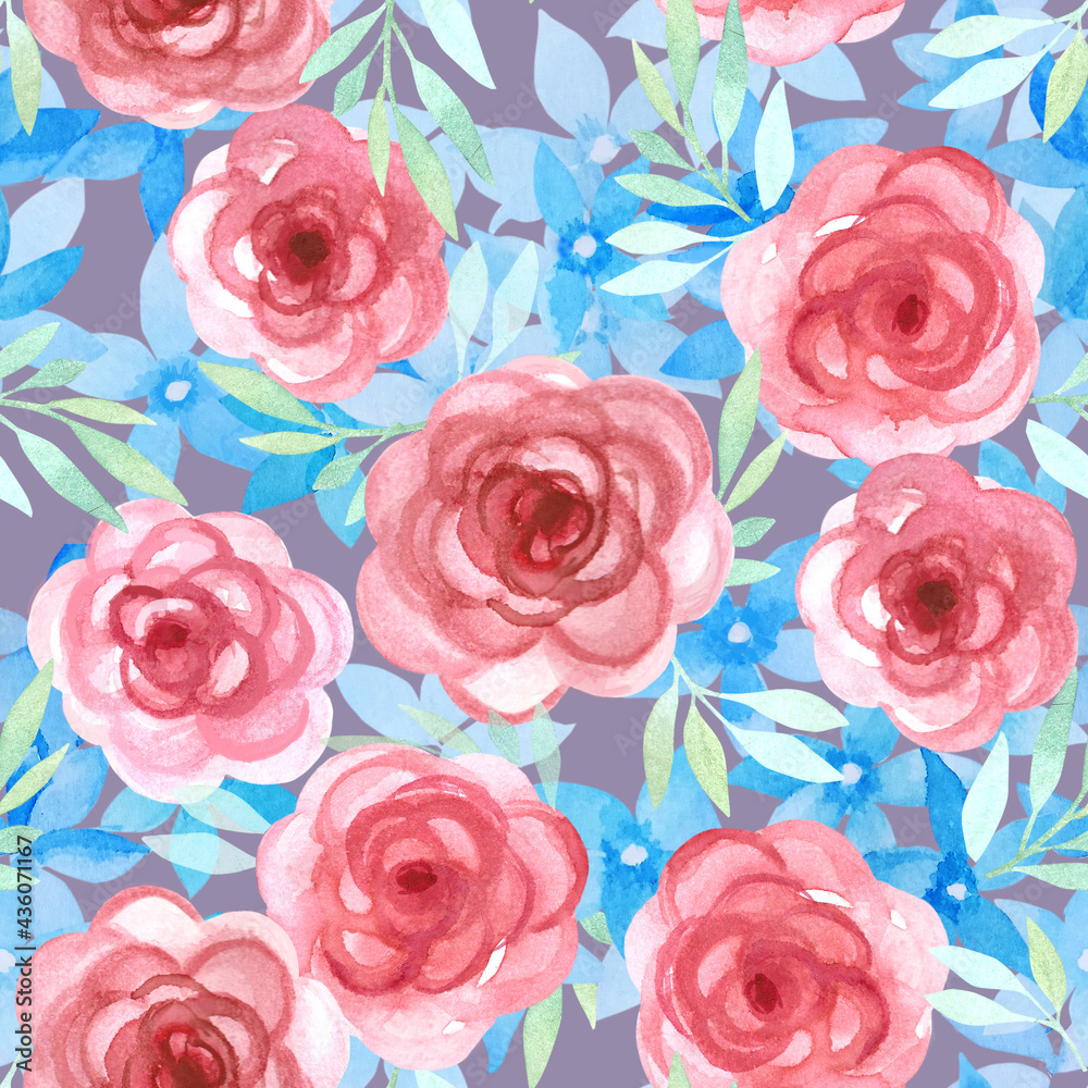 Romantic abstract watercolor pattern of transparent rose flowers on a light purple background Romantic abstract watercolor pattern of transparent rose flowers on a light purple background