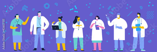 Coronavirus. Doctors team wearing Face Mask Fight Against Covid-19, Coronavirus Disease, Health Care and Safety flat vector isolated characters set