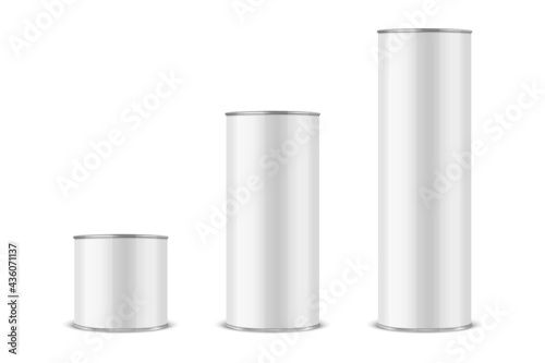 Vector 3d Realistic Blank Glossy White Metal Tin Can, Canned Food, Potato Chips Packaging Set Isolated On White Background. Small, Medium, Big Size. Design Template, Mockup. Front View