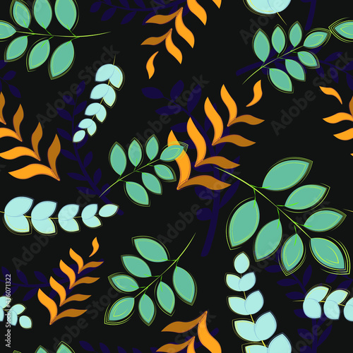 silhouettes of  plants. Seamless pattern with wild herbs and grasses.
Floral background designs. leaves and herbs vector illustration.