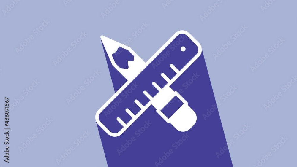 White Crossed ruler and pencil icon isolated on purple background. Straightedge symbol. Drawing and educational tools. 4K Video motion graphic animation White Crossed ruler and pencil icon isolated on purple background. Straightedge symbol. Drawing and educational tools. 4K Video motion graphic animation