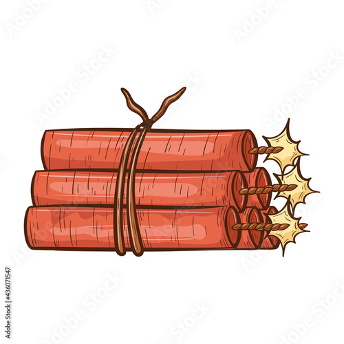 Vector isolated outline illustration on white background. Doodle image of a bundle of red dynamite or explosives. Cartoon cowboy attribute of the western world.