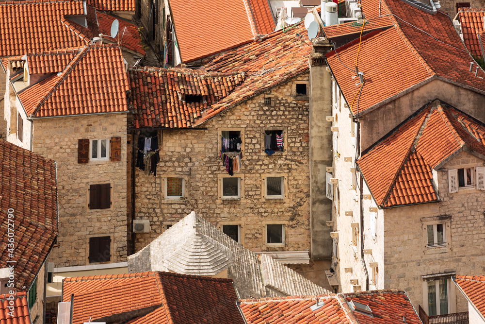 Close-up top view of the old roofs with red tile, the old town of Kotor in Montenegro