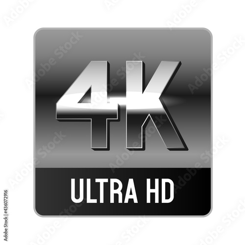 4K resolution label. High Definition Display Resolution. 4K Ultra HD badge. Metallic or silver 4k banner, vector illustration.