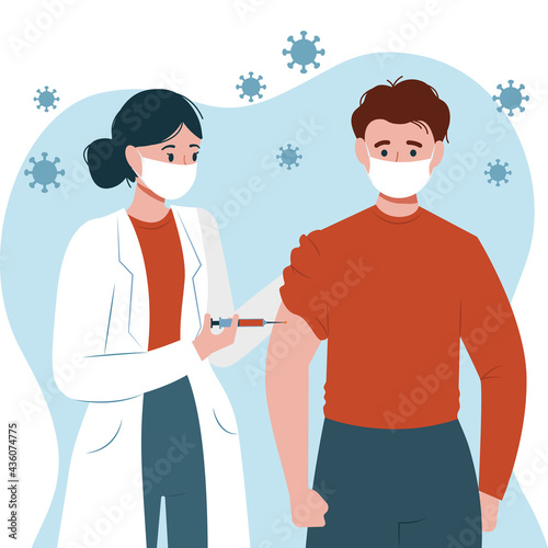 A woman medical worker is injecting a patient, giving a coronavirus vaccine to an young man. Process of immunization against covid-19. Isolated flat vector illustration with characters.