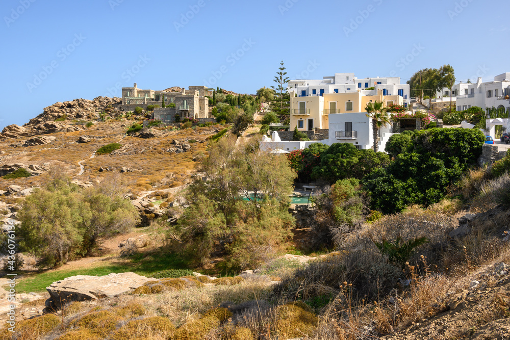 Greek houses in the Cycladic style in Naoussa village on Paros island, Greece. Cyclades.