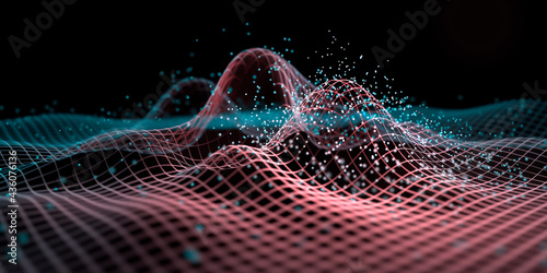 Fotografia Waves in a digital grid with particles - atomic model