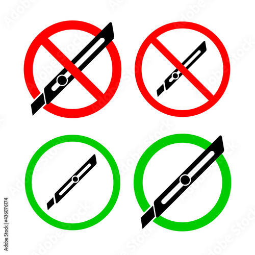 sign prohibiting and allowing the use of a clerical knife. Concept of packaging or parcel cutting. Vector, illustration
