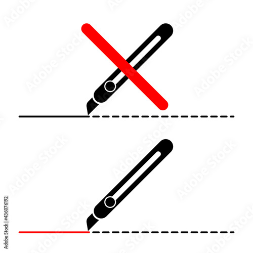 stationery knife with a dotted cut line. A sign prohibiting and allowing the cutting of packaging or parcels. Vector, illustration