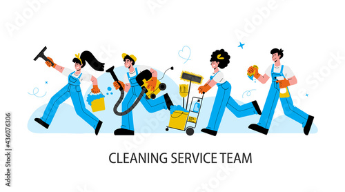 Janitors team in rubber glove rush to help.Men and woman in uniform run to clean up house after party, office room.