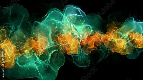Abstract green and orange wallpaper background, alcohol ink technique painting, digital liquid smoke, flames, fiery
