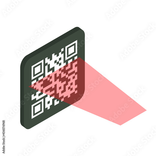 QR verification concept. Machine-readable barcode. The process of scanning the QR code with a laser. Vector isometric illustration