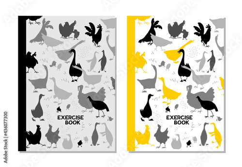 Design cover book. Student notebook. School Notebook. Poultry yard. A fun set of vector drawings. Chickens, roosters, geese, ducks, turkeys